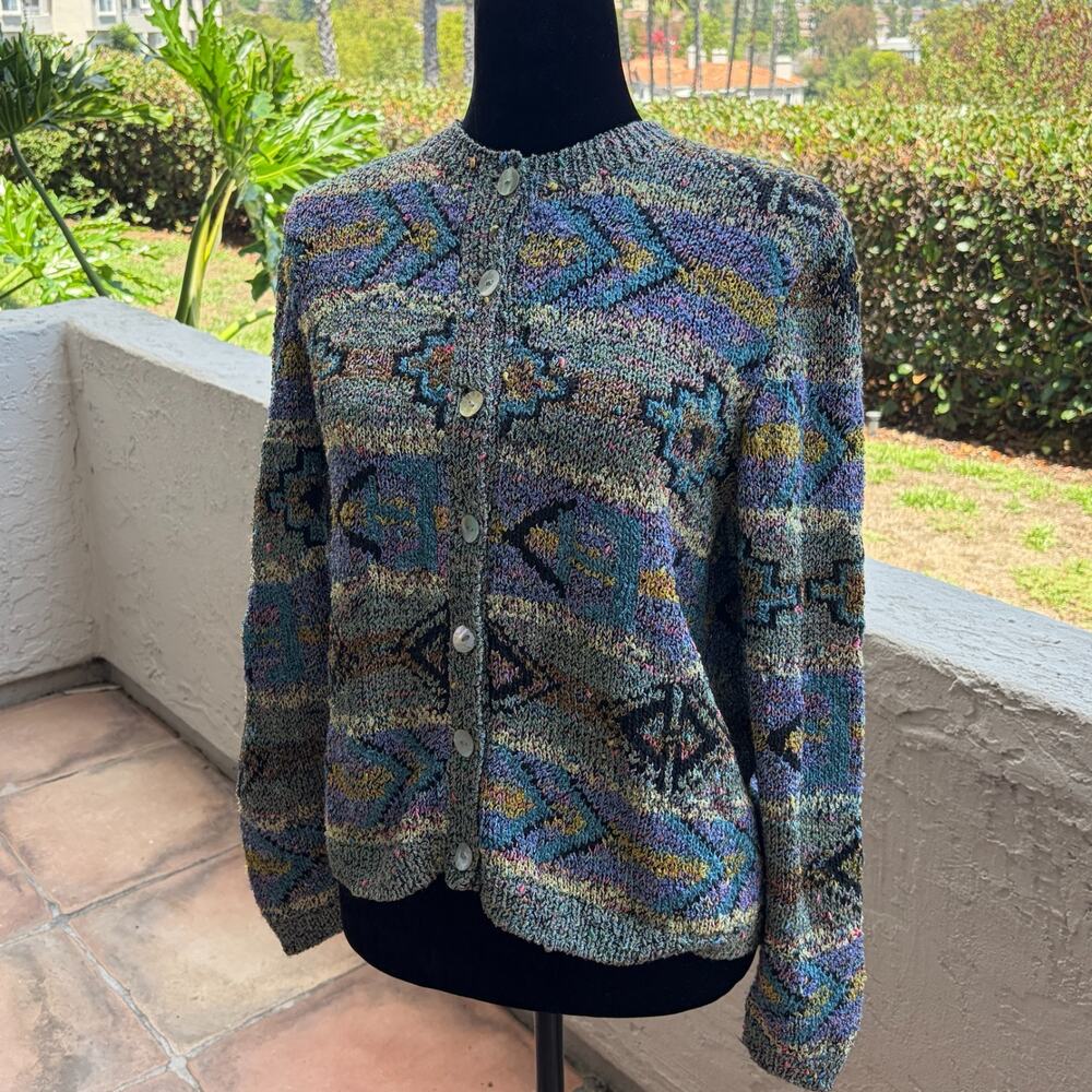 Vintage South Cotton Hand Knitted Womens Small Geometric Cardigan Bolivia